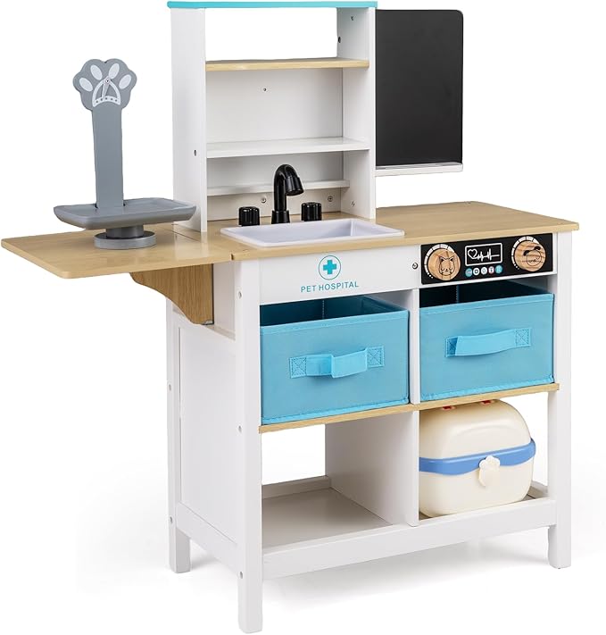 Costzon Kids Wooden Doctor Playset, Medical Activity Center Toy Set w/ Blackboard, Pet Scale, Faucet, Sink, Folding Tabletop, Drawers, Carrying Case, Pretend Hospital Playset for Boys Girls 3+ (White)