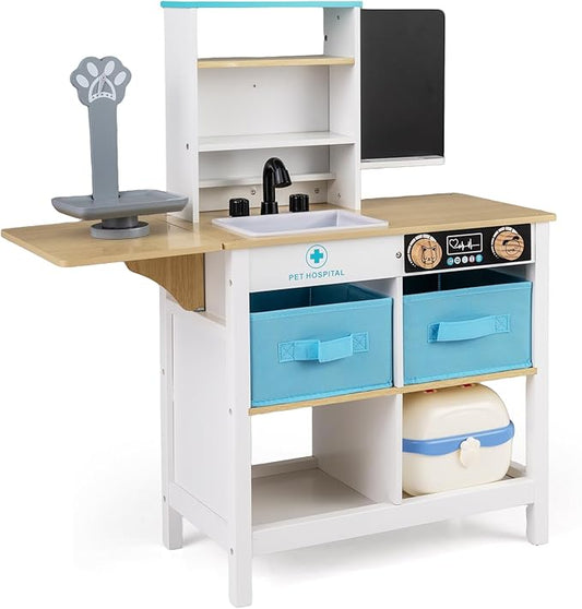 Costzon Kids Wooden Doctor Playset, Medical Activity Center Toy Set w/ Blackboard, Pet Scale, Faucet, Sink, Folding Tabletop, Drawers, Carrying Case, Pretend Hospital Playset for Boys Girls 3+ (White)