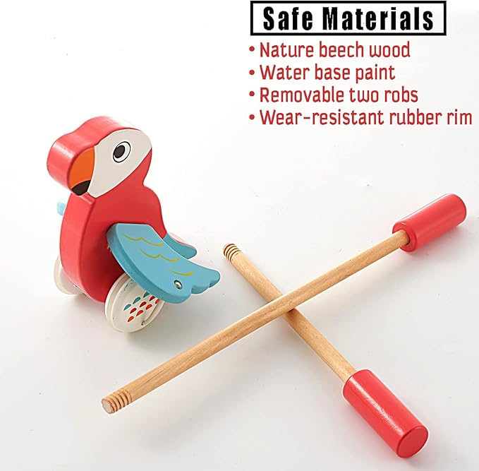 RUYU Parrot Wooden Push and Pull Walking Toy for Toddlers and Babies Girl or Boy, Classic Early Learning Wooden Balance Walking Play Toy