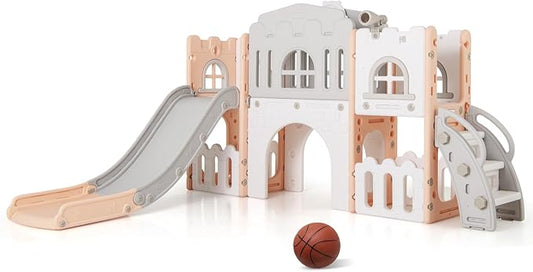 Costzon 8 in 1 Toddle Slide Playset, Freestanding Kids Slide w/Tunnel, Basketball Hoop, Toddler Climber Slide Playset Indoor Playground for Kids 1-3 w/Storage Space, Gifts for Boys Girls (Pink)