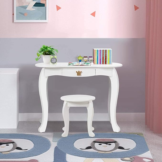 HONEY JOY Kids Vanity, Crown Themed Toddler Dressing Makeup Table and Chair Set w/Drawer & Tri-Folding Mirror, Detachable Mirror, Princess Pretend Play Girls Vanity Set with Mirror and Stool(White)