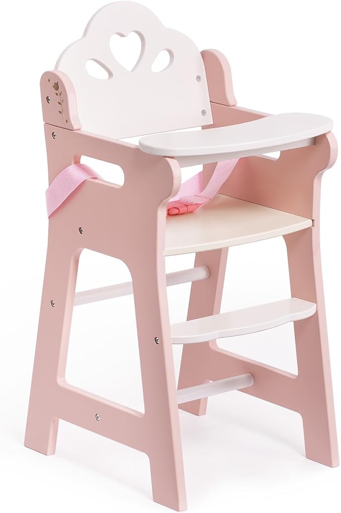ROBOTIME High Chair for Pretend Play, Wooden Baby Doll Furniture with Safety Belt and Footrest, Fits 18 Inch Dolls, Gift for Ages 3+, White/Pink