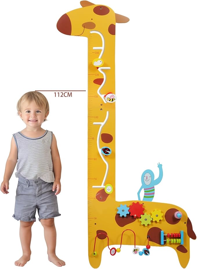 Activity Wall Panels for Toddlers,7 Activities Multifunctional Busy Board Wooden Wall Activity Center,Giraffe Height Ruler - Children’s Early Education Sensory Exercises-Kids Room Decor for Play