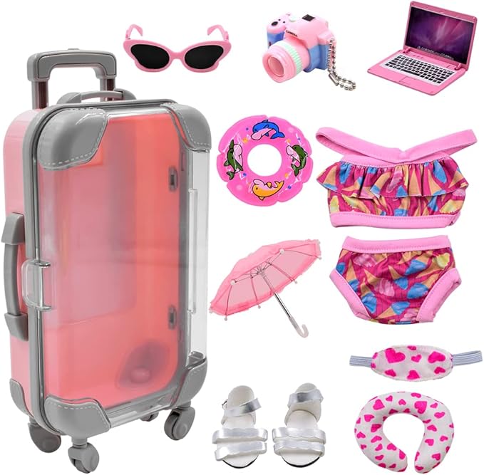 Acelane American Doll Travel Suitcase Play Set - 18 Inch Doll Travel Carrier with Luggage, Clothes, Sunglasses, Camera, Laptop, Pillow - Pretend Play Toys Gift for Girl's Birthday, Christmas, Party