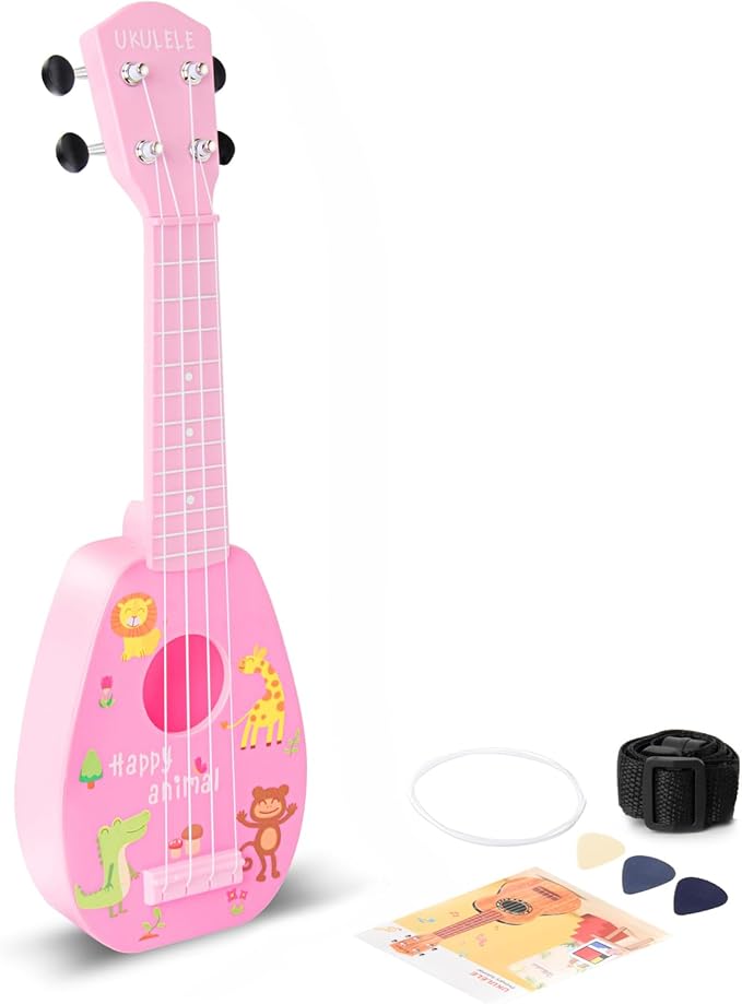 YOLOPARK 17" Kids Toy Guitar for Girls Boys, Mini Toddler Ukulele Guitar with 4 Strings Keep Tones Can Play for 3, 4, 5, 6, 7 Year Old Kids Musical Instruments Educational Toys for Beginner (Pink)