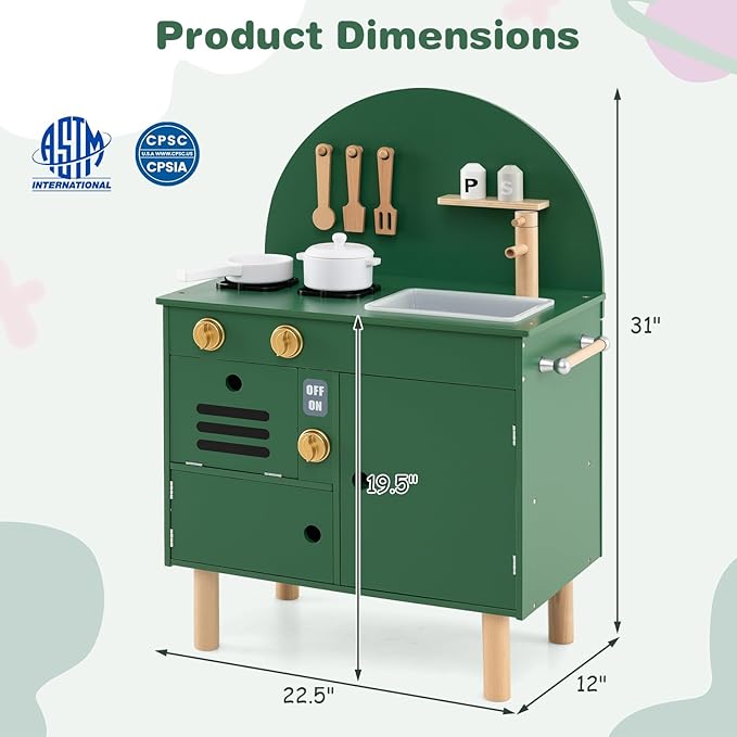 Costzon Kids Kitchen Playset, Little Chef Pretend Play Kitchen w/Stoves, Faucet, Sink, Microwave, Cabinet, Oven & Cooking Accessories, Wooden Play Kitchen for Kids 3+ Years Old (Green)