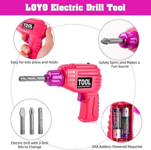 LOYO Kids Tool Set - Toddler Tool Set with Kid Tool Belt Tool Box & Electronic Toy Drill, Kids Construction Toys for Girls Boys Gift for Toddlers Girls Ages 3, 4, 5, 6, 7 Years Old