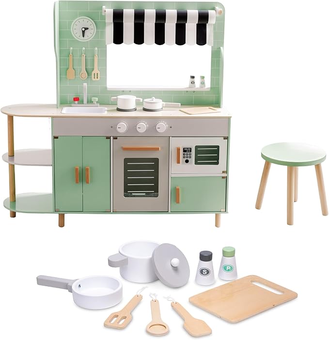 MindWare Play Kitchen Café – Unique 2-in-1 Playset Features Kitchen on One Side and Café on The Other – Pretend Play for Kids Ages 3 & Up – Includes Basic Kitchen Tools