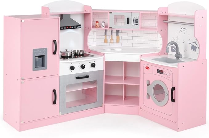 MAT EXPERT Kitchen Playset, Corner Kids Kitchen Playset with Ice Make, Washing Machine, Microwave, Sink, Range Hood, Toy Kitchen, Wooden Play Kitchen for Toddler, Gift for Boys Girls (Pink)