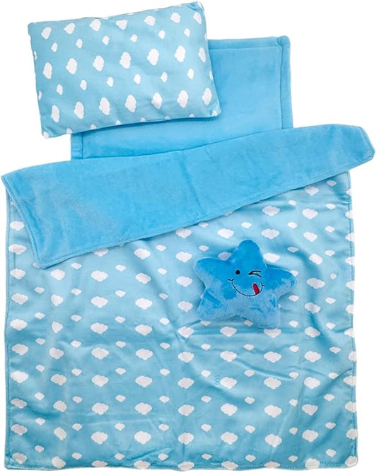 Baby Doll Accessories Bedding Set Soft Blanket Mattress Pillow Dolls Playset Fits 16-18 Inches American Doll Furniture Toy Girls and Boys (Blue)