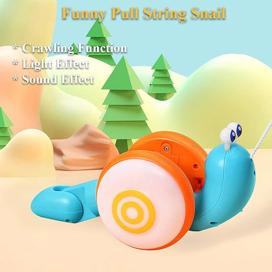 Pull String Crawling Snail, Funny Wriggly Snail Toddlers Walking-Learning Toy Pull and Push Baby Toy with Music and Lights Effect (Green-deep Blue)