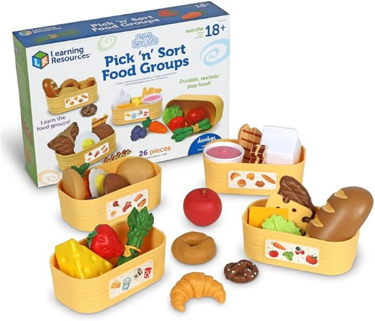 Learning Resources New Sprouts Pick ‘n’ Sort Food Groups, Grocery Store Pretend Play, Play Kitchen Accessories, Play Food for Toddlers, Ages 18 Months+, 26 Pieces