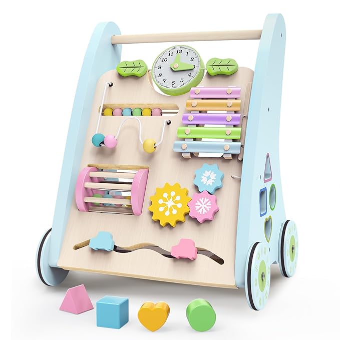 Wooden Baby Walker,Adjustable Speed Push Walker with Wheels and Learning Activity Center,Montessori Walker for Babies 12 Months,Baby Walker Push Toys for Baby Boys and Girls Gifts (Blue)