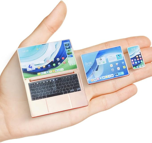 Dollhouse Decoration Miniature Accessories Dollhouse Worlds Smallest Computer Laptop Tablet Phone Simulation Accessories for Doll 1:6 1:12 Miniatures Play Set (Rose Golden)