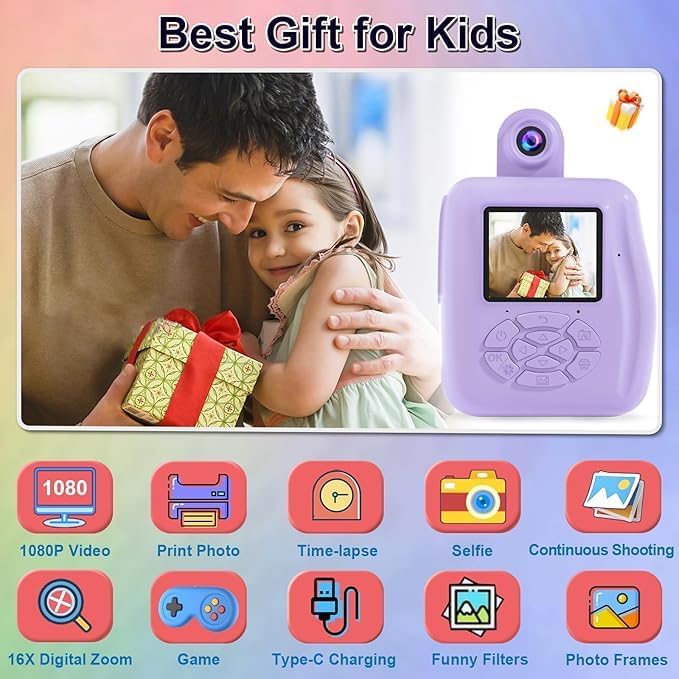 GKTZ Kids Camera - 1080P Instant Digital Print Camera for Kids - Christmas & Birthday Gifts for 3-12 Year Old Girls and Boys, Portable Toy with 32GB SD Card & 3 Roll of Printing Paper - Ultimate