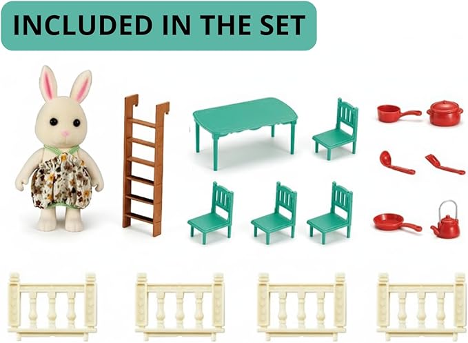 Family Cottage Doll House — 2-Story Country Cottage with Dining Set & Bunny Figure, Complete Dollhouse Playset for Creative Pretend Play, Gift for Kids Ages 3+