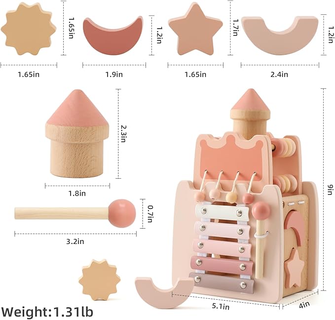 Youuys Wooden Activity Cube 9-in-1 Montessori Toys for 3+ Year Old Boys & Girls, Multipurpose Educational Sensory Learning Toys for Baby Toddlers with Mirror, First Birthday Gift (Castle)