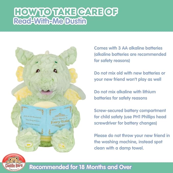 Cuddle Barn - Read-with-Me Dustin | Soft Storytelling Plush with Board Book | Fluffy Green Dragon Stuffed Animal Sways and Moves Mouth | Reads 3 Fairy Tales with Pause and Skip Buttons - 12 inches