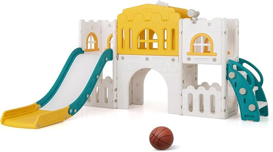 Costzon 8 in 1 Toddle Slide Playset, Freestanding Kids Slide w/Tunnel, Basketball Hoop, Toddler Climber Slide Playset Indoor Playground for Kids 1-3 w/Storage Space, Gifts for Boys Girls (Yellow)