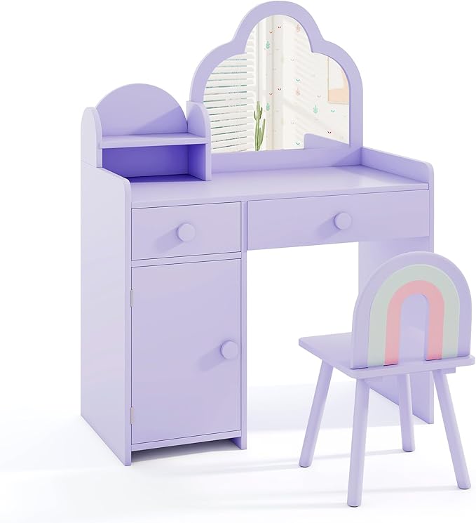 HONEY JOY Kids Vanity, Cloud Shape Wooden Girls Vanity Set with Mirror and Stool, Drawers, Storage Cabinet, Toddler Makeup Desk Dressing Table, Pretend Play Kids Vanity Table and Chair Set (Purple)