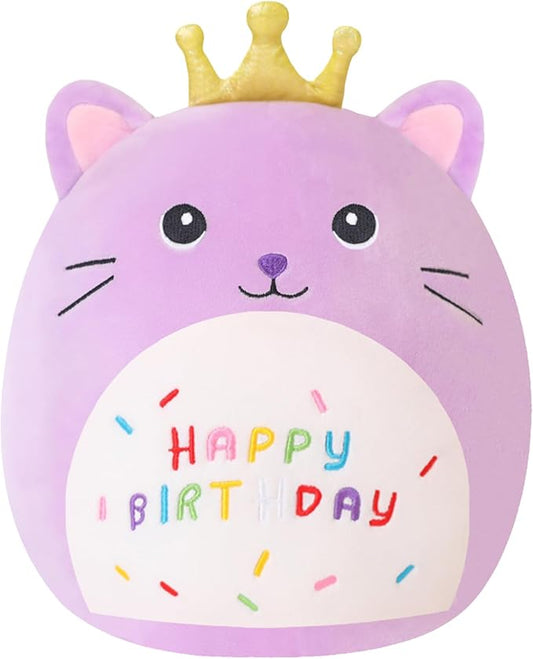 SQEQE Cat Stuffed Animal Kawaii Cat Plushie with Golden Crown Soft Kitty Stuffed Toy Birthday Party Decoration Gift for Kids Girls Boys(Purple Caticorn,14 Inch)