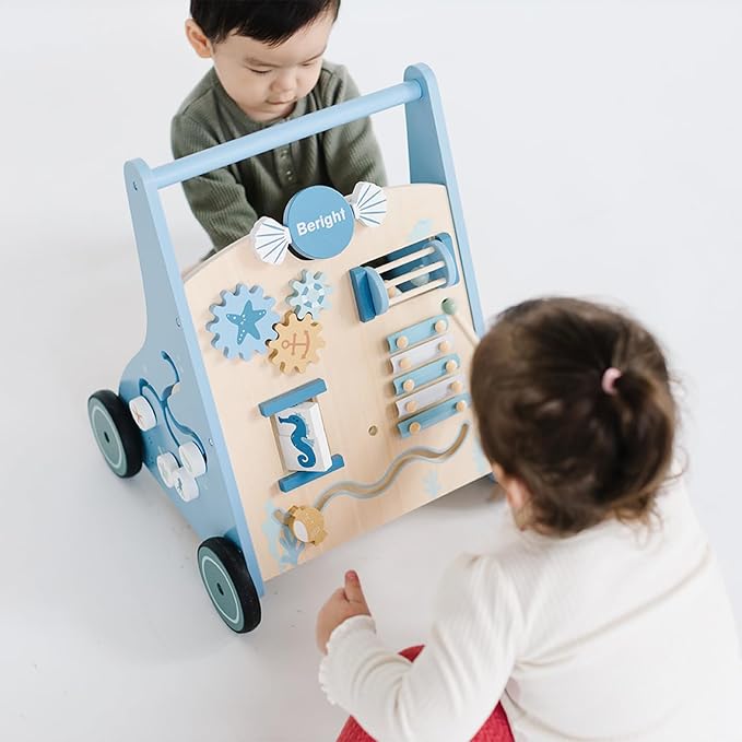 Beright Wooden Baby Walker Push and Pull Learning Activity Walker with Wheels Montessori Walker Toy Multiple Activities Center Develops Motor Skills & Stimulates Creativity (Blue)