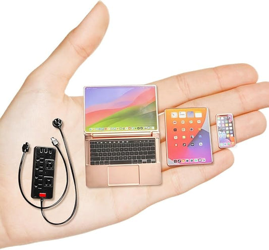 Miniature Electronics Set for Dollhouses: 1:6 Scale Metal Smartphone, Tablet, Laptop & Socket - Doll Accessory Compatible with 1:12 Scale Miniatures - 5 Color Variants (RoseGolden)