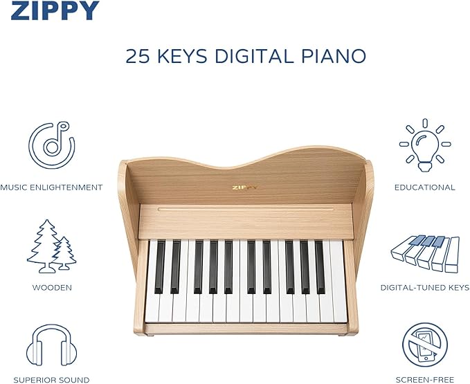 ZIPPY Kids Piano Keyboard, 25 Keys Digital Piano for Kids, Volume Adjustable, Mini Music Educational Instrument Toy, Wood Toy for Toddlers Girls Boys (Oak)
