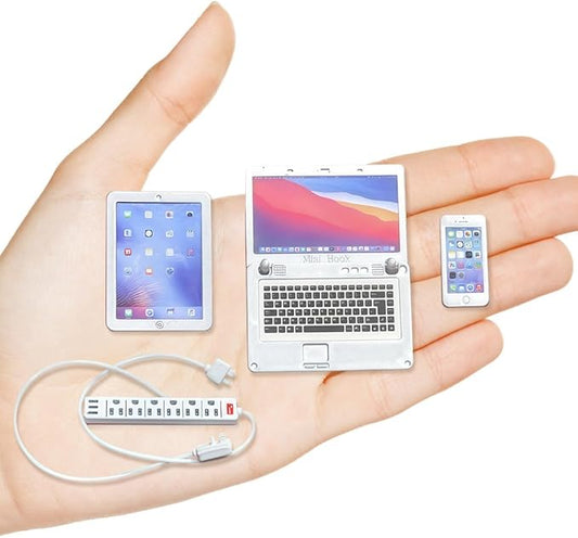 1:6 Scale Dollhouse Accessories - 4 Colors Miniature Digital Set: Metal Smartphone, Tablet, Laptop & Desktop USB Socket - 1:12 Scale Miniature Collectibles Gift (Silvery)