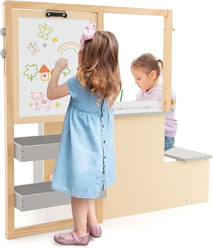 Costzon Easel for Kids, Wooden Art Center with Double-Sided Blackboard & Whiteboard, Paper Roll for Drawing, Crafts, Writing, Toddler Activity Table with Storage, Kids Table and Chair Set (Grey)