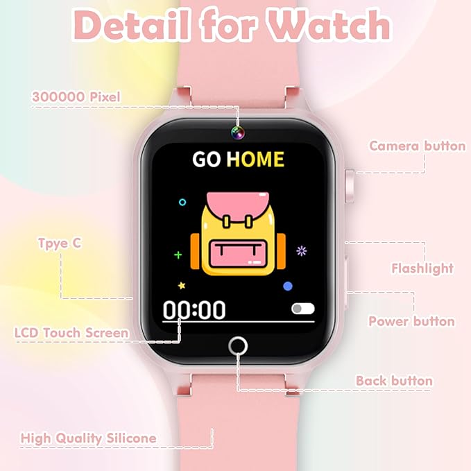 Luyiilo Kids Games Watch, with 26 Puzzle Games, Touch Screen, HD Camera, Alarm Clock, Toys for Ages 4-12 Years Old.Birthday Gift for Boys Girls (Soft Pink)