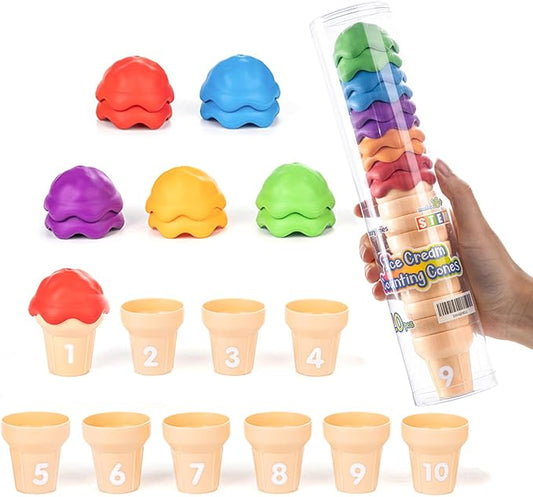 Number 1-10 Ice Cream Counting Cones – Educational Number Matching Learning Toy for Toddlers – Includes 10 Ice Cream Cones & 10 Stacking Scoops