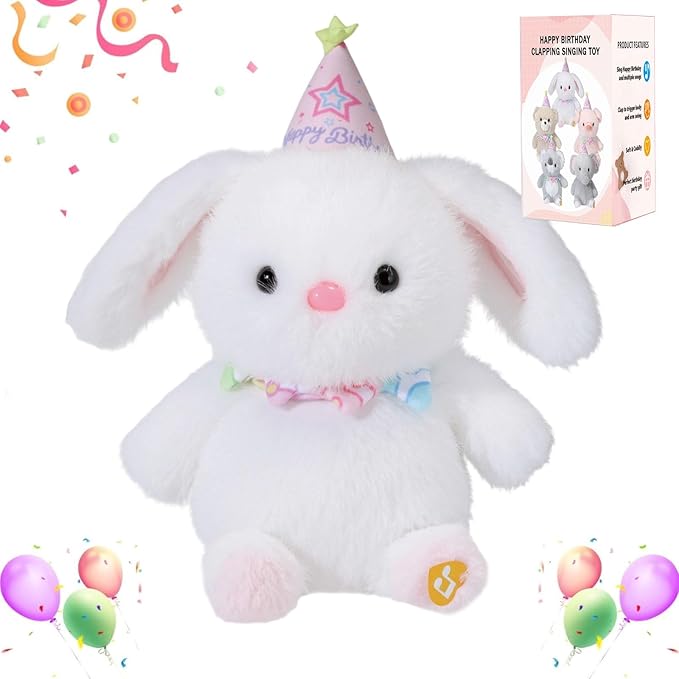 Happy Birthday Interactive Bunny, Clapping Activates Singing Dancing Shaking, Musical Birthday Stuffed Animal Recording Mimicking Toy, Cute Bunny Plush Gifts for Kids Girls Boys