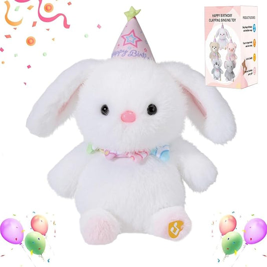 Happy Birthday Interactive Bunny, Clapping Activates Singing Dancing Shaking, Musical Birthday Stuffed Animal Recording Mimicking Toy, Cute Bunny Plush Gifts for Kids Girls Boys