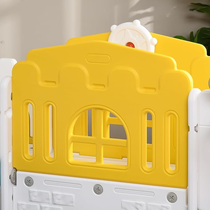 Qaba 8 in 1 Toddler Slide for Kids Age 1-3 Years, Indoor Kids Slide Playset with Basketball Hoop, Climber, Telescope, Tunnel, Steering Wheel, Aisle, Storage Baskets, Yellow