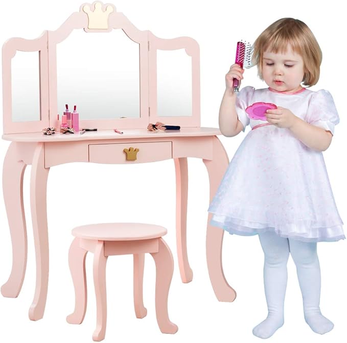 HONEY JOY Kids Vanity, Crown Themed Toddler Dressing Makeup Table and Chair Set w/Drawer & Tri-Folding Mirror, Detachable Mirror, Princess Pretend Play Girls Vanity Set with Mirror and Stool(Pink)