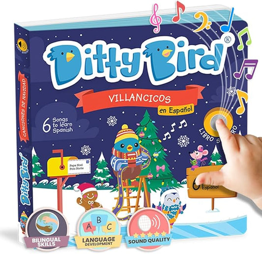 Ditty Bird Spanish Christmas Musical Book for Toddlers – Interactive Bilingual Sound Book with Jingle Bells & Holiday Songs for Babies 1-3 | Sturdy Baby Book & Xmas Music Toy