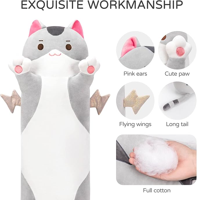 Mewaii 20” Long Cat Plush 5 Sizes, 120% Extra Filling Giant Plushness Kids Body Pillow, Kawaii Cute Grey Cat Stuffed Animals Plushies, Big Long Body Pillow Cat Plush Gift for Girls 20”