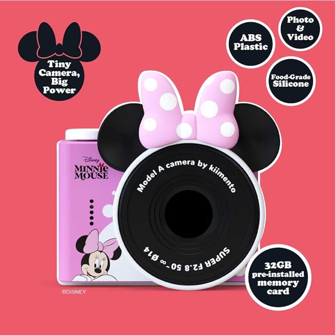 Minnie Mouse Mini Kids Toy Digital Camera & Video Camcorder for Ages 3-5, Teens and Adults, Selfie Lens, 20+ Filters, 12MP, 32GB, 1.55" Screen, Hand Made Strap - Model A by kiimento