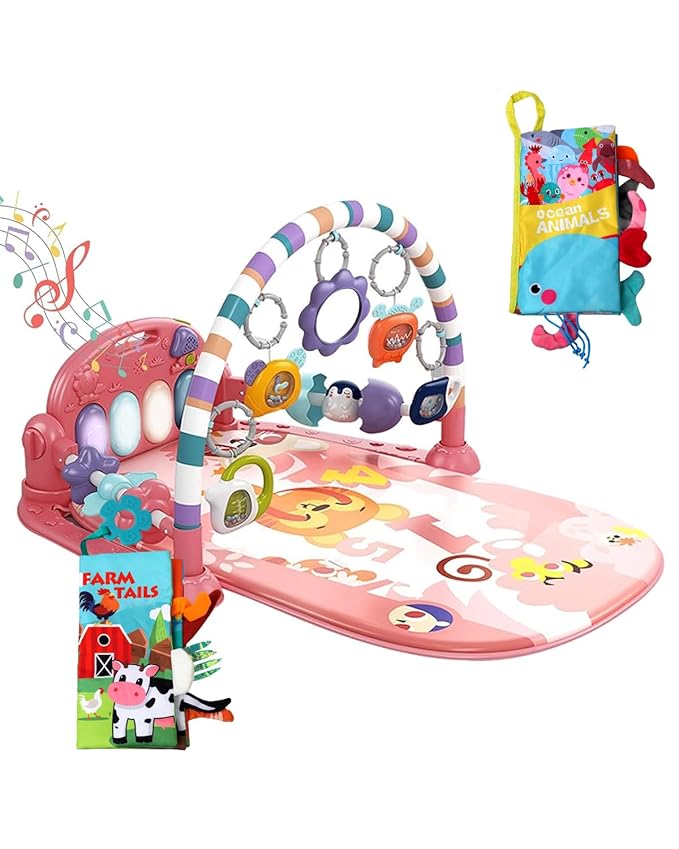 dearlomum Baby Play Mat Baby Gym,Funny Play Piano Tummy Time Baby Activity Mat with 5 Infant Sensory Baby Toys & 2 Baby Book Toys, Boy & Girl Gifts for Newborn 0 to 3 6 9 12 Months(Pink)