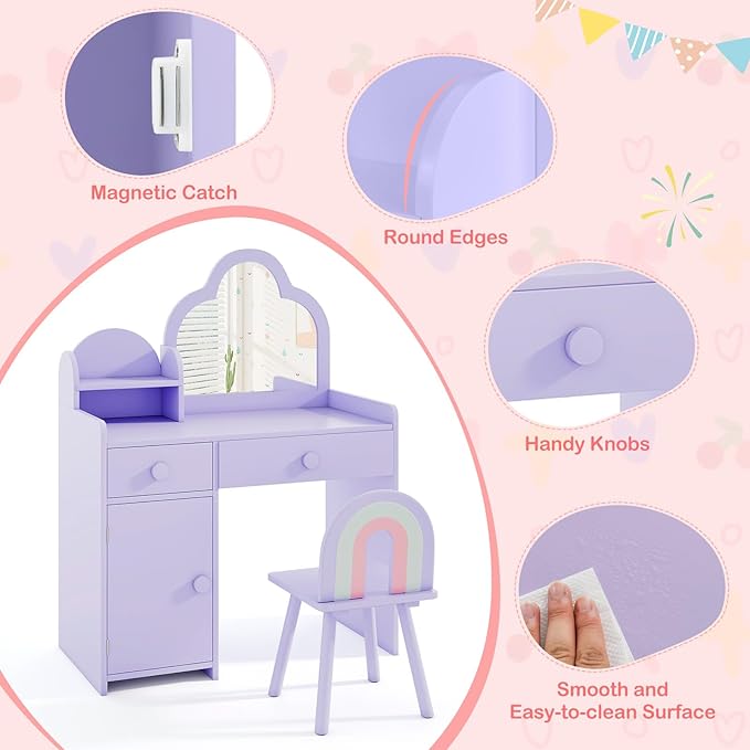 HONEY JOY Kids Vanity, Cloud Shape Wooden Girls Vanity Set with Mirror and Stool, Drawers, Storage Cabinet, Toddler Makeup Desk Dressing Table, Pretend Play Kids Vanity Table and Chair Set (Purple)