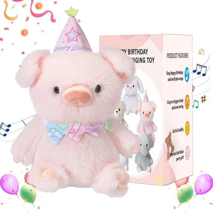 Birthday Interactive Pig, Musical Birthday Stuffed Animal, Clapping Activates Singing Dancing Shaking, Cute Pig Plush Recording Mimicking Toy Gifts for Kids Girls Boys
