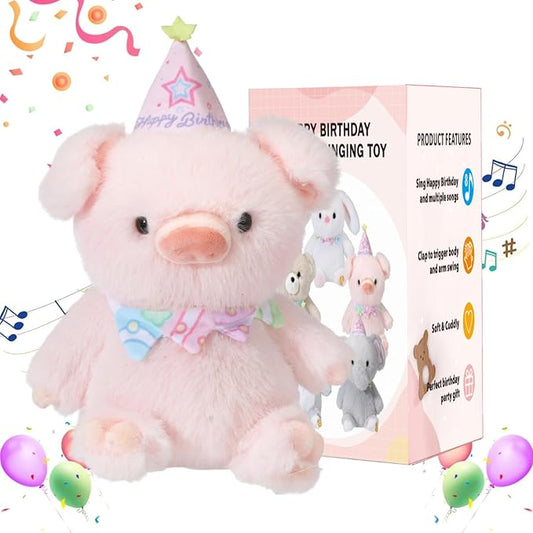 Birthday Interactive Pig, Musical Birthday Stuffed Animal, Clapping Activates Singing Dancing Shaking, Cute Pig Plush Recording Mimicking Toy Gifts for Kids Girls Boys
