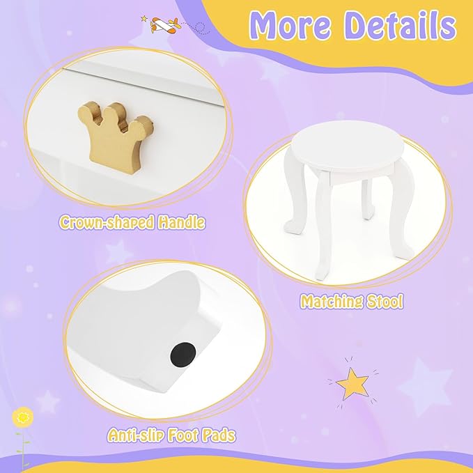 HONEY JOY Kids Vanity with Lights, Crown Girls Vanity Set with Mirror and Stool and Lights, Toddler Vanity, Wooden Makeup Table for Little Girls, Pretend Play Kids Vanity Table and Chair Set(White)