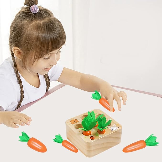 Skrtuan Montessori Toys for Babies 36 Months, Wooden Toys for 3 4 5 Year Old Toddlers, Educational Carrot Harvest Shape Sorting Matching Puzzle, Developmental Birthday Gifts for Boys and Girls