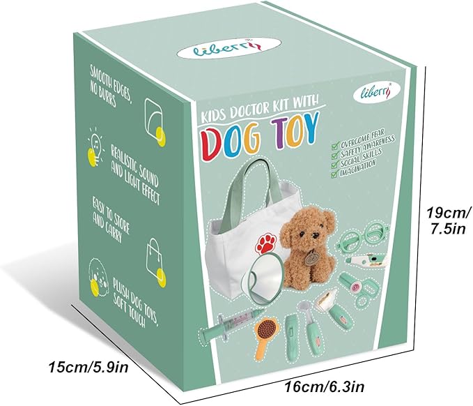 Liberry Doctor Kit for Toddlers 3 4 5 6 Years Old, 26 Pcs Kids Doctor Playset with Dog Toy, Stethoscope and Dress Up Costume, Pretend Play Medical Christmas Gift for Boys Girls (Green)