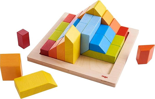 HABA 3D Arranging Game – Creative Stones Wooden Building Blocks & Stacking Toy for Toddlers – Wooden Montessori Toy with Geometric Shapes & Pattern Cards, Made in Germany