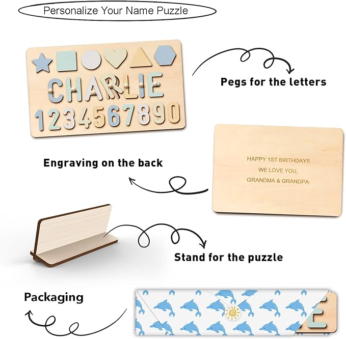 Personalized Name Puzzle - Custom Wooden Puzzle for Toddlers 1-3 - Unique Baby Shower, Christmas & 1st Birthday Gift for Boys and Girls - Keepsake Montessori Toy (Shape-Number)