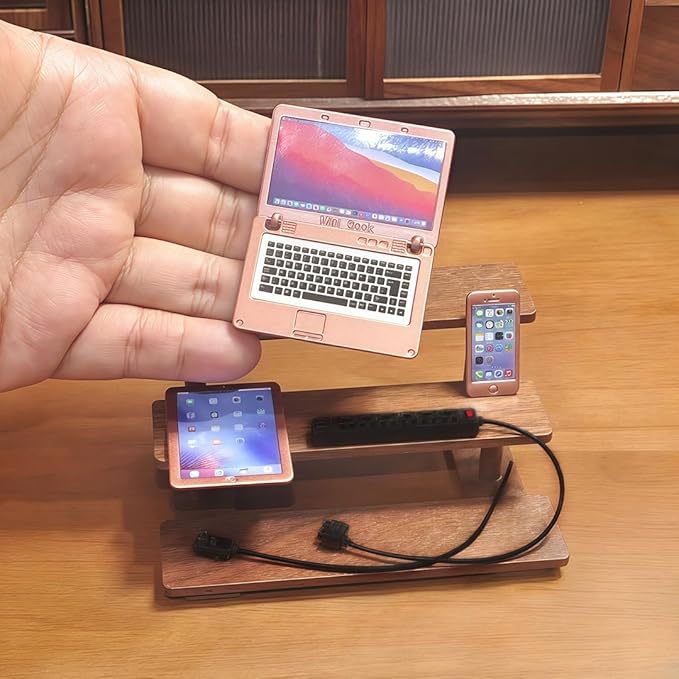 1:6 Scale Dollhouse Accessories - 4 Colors Miniature Digital Set: Metal Smartphone, Tablet, Laptop & Desktop USB Socket - 1:12 Scale Miniature Collectibles Gift (RoseGolden)