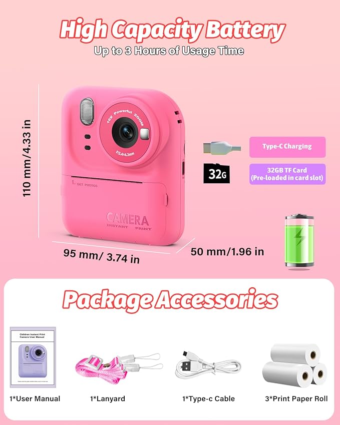 Kids Camera Instant Print Photo, Portable Thermal Printing Camera Toy with HD Digital Video, for 3-12 Years Old Boys Girls, Creativity & Learning (Rose Red)